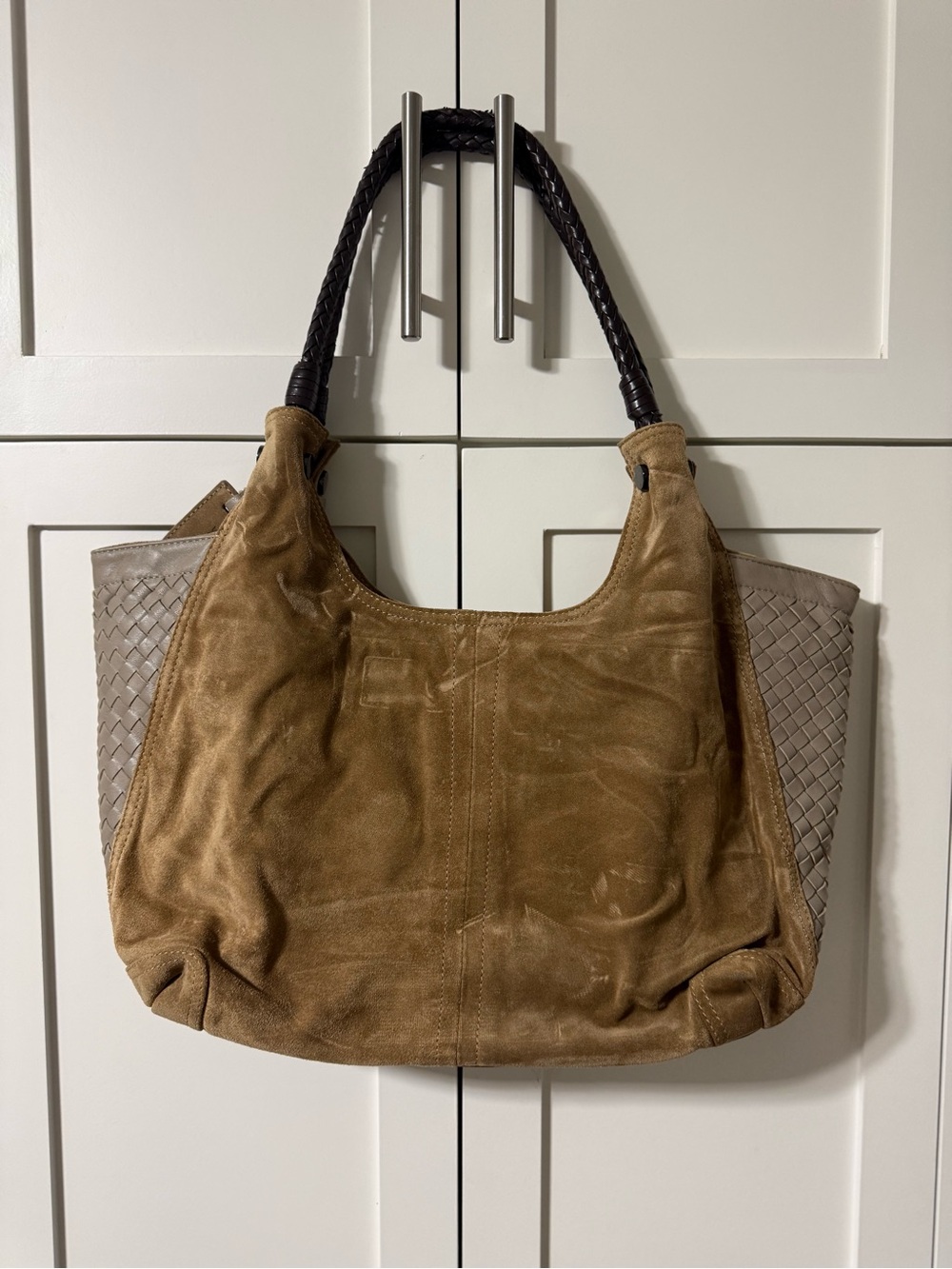 Suede Tan Shoulder Bag with Woven Taupe Sides